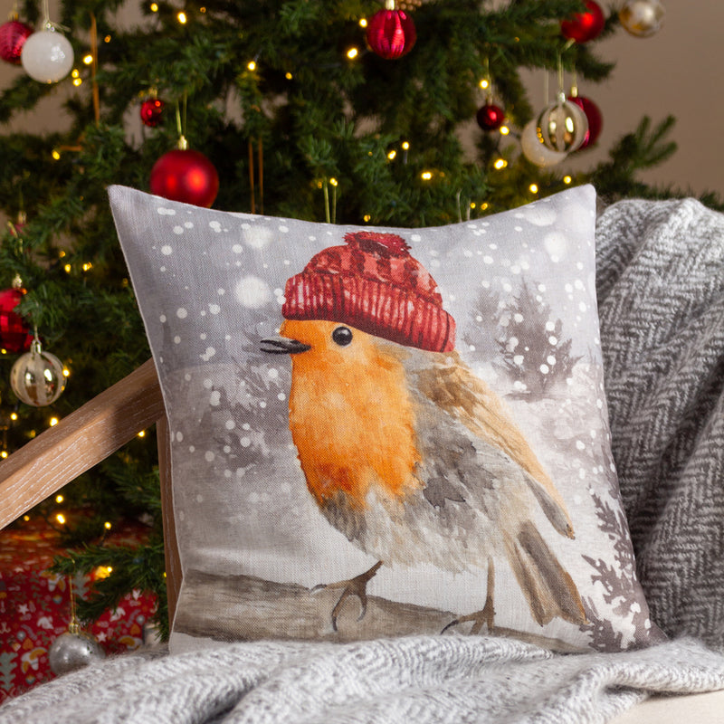 Evans Lichfield Snowy Robin Cushion Cover in Orange