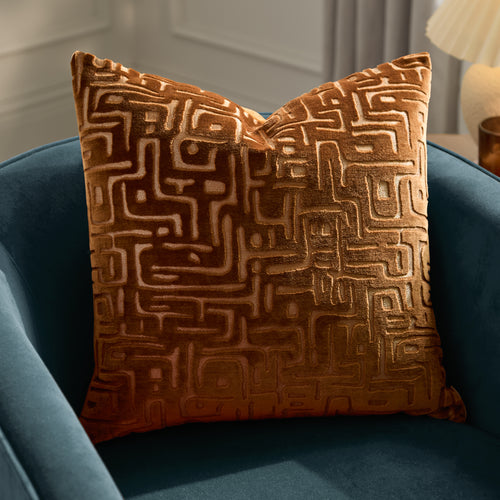 Abstract Orange Cushions - Soren Cut Velvet Cushion Cover Copper Hoem