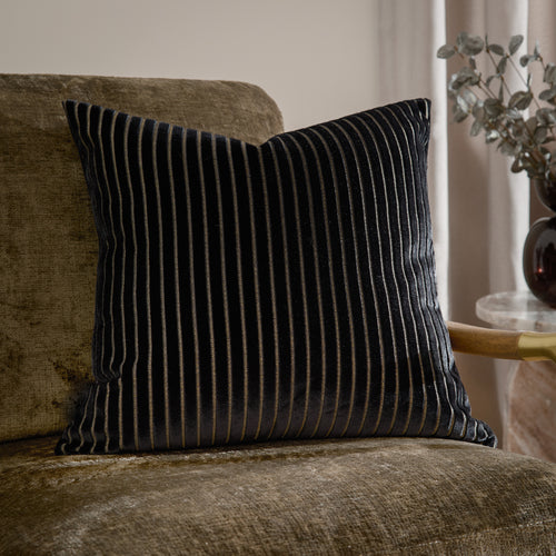 Striped Black Cushions - Savoy Stripe Velvet Cushion Cover Black Paoletti