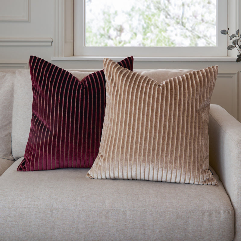 Striped Red Cushions - Savoy Stripe Velvet Cushion Cover Burgundy  Paoletti