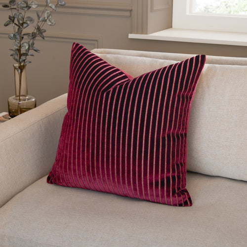 Striped Red Cushions - Savoy Stripe Velvet Cushion Cover Burgundy  Paoletti