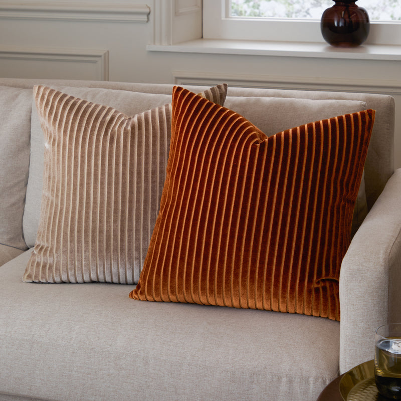 Striped Orange Cushions - Savoy Stripe Velvet Cushion Cover Brick Paoletti