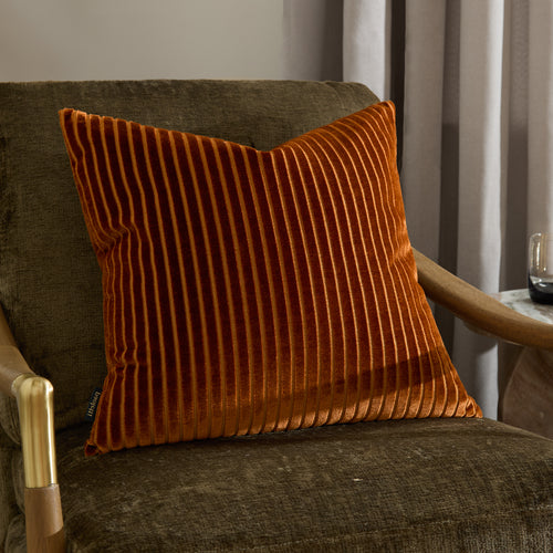 Striped Orange Cushions - Savoy Stripe Velvet Cushion Cover Brick Paoletti