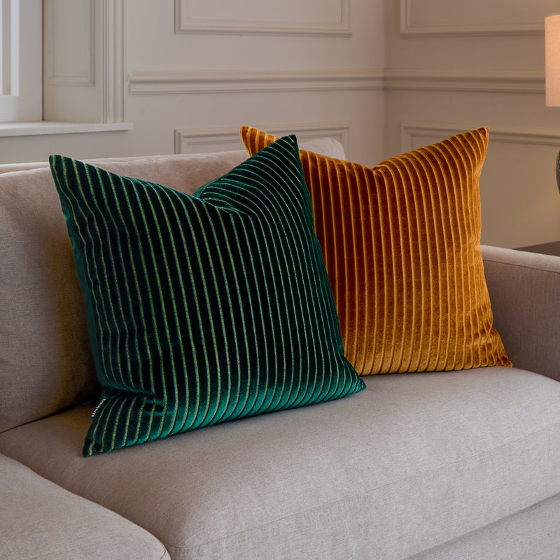 Striped Yellow Cushions - Savoy Stripe Velvet Cushion Cover Gold Paoletti