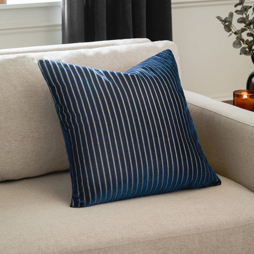 Striped Blue Cushions - Savoy Stripe Velvet Cushion Cover Navy Paoletti