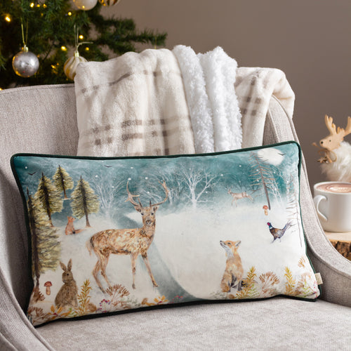 Evans Lichfield Stag Winter Scene Cushion Cover in Teal