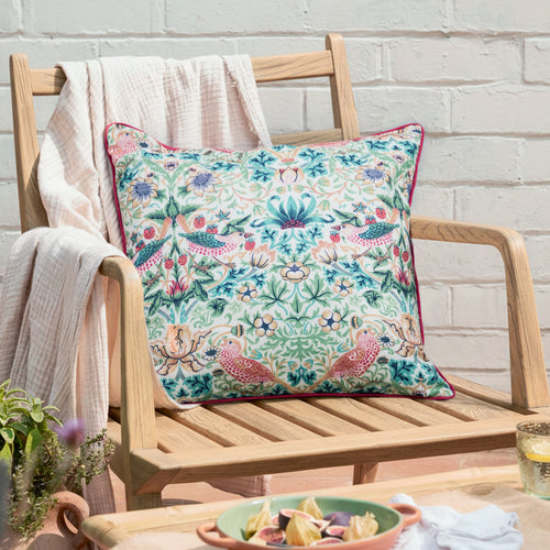 Floral Pink Cushions - Strawberry Thief Outdoor Cushion Cover Coral/Leaf Green Morris & Co