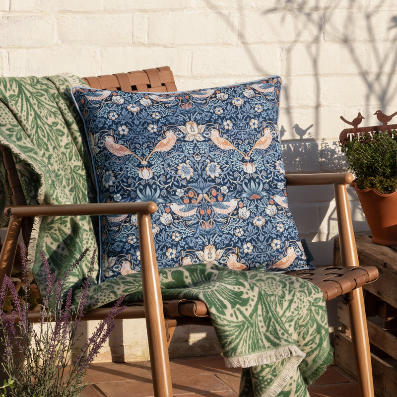 Floral Blue Cushions - Strawberry Thief Piped Outdoor Polyester Filled Cushion Indigo Morris & Co