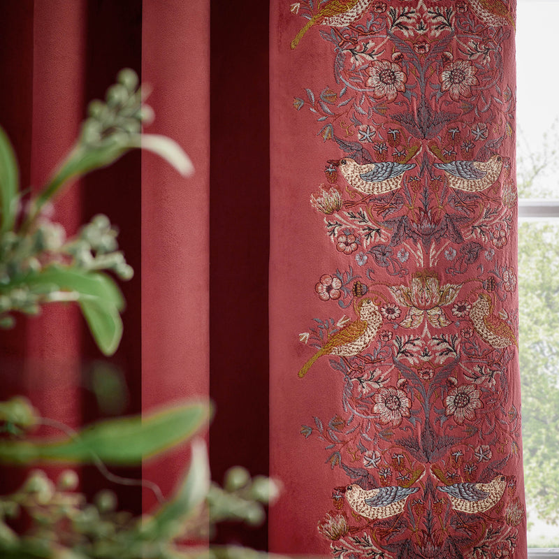 Animal Red Curtains - Strawberry Thief Embroidered Floral Pencil Pleat Curtains Berry Morris & Co