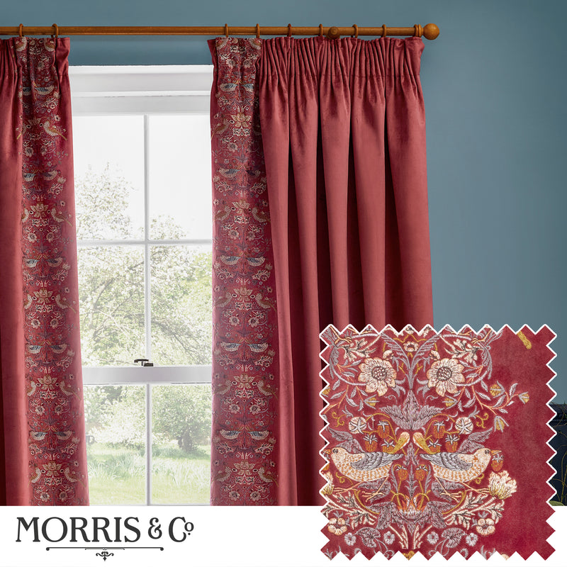Animal Red Curtains - Strawberry Thief Embroidered Velvet Room Darkening Pencil Pleat Curtains Berry Morris & Co