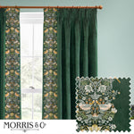 Animal Green Curtains - Strawberry Thief Embroidered Floral Pencil Pleat Curtains Forest Green Morris & Co