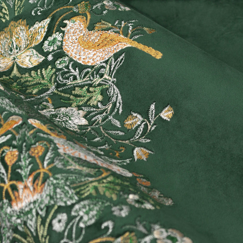 Animal Green Curtains - Strawberry Thief Embroidered Floral Pencil Pleat Curtains Forest Green Morris & Co