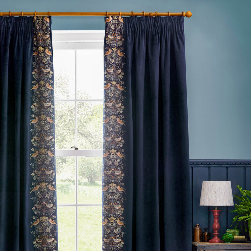 Animal Blue Curtains - Strawberry Thief Embroidered Floral Pencil Pleat Curtains Indigo Morris & Co