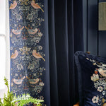 Animal Blue Curtains - Strawberry Thief Embroidered Floral Pencil Pleat Curtains Indigo Morris & Co