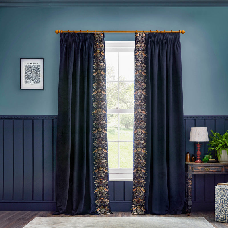 Animal Blue Curtains - Strawberry Thief Embroidered Floral Pencil Pleat Curtains Indigo Morris & Co