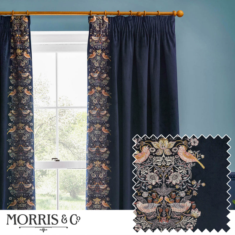 Animal Blue Curtains - Strawberry Thief Embroidered Floral Pencil Pleat Curtains Indigo Morris & Co