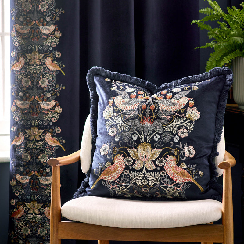 Animal Blue Cushions - Strawberry Thief Embroidered Velvet Feather Rich Filled Cushion Indigo Morris & Co
