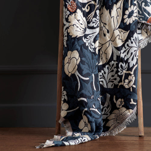 Floral Blue Throws - Strawberry Thief Jacquard Throw Indigo Morris & Co