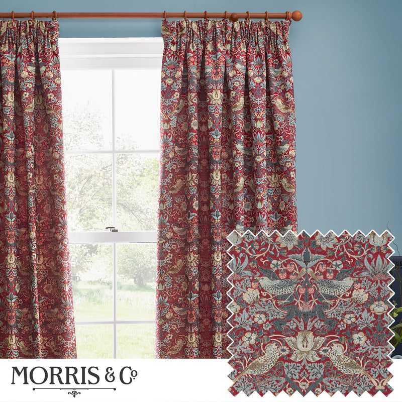 Animal Red Curtains - Strawberry Thief Jacquard Floral Room Darkening Pencil Pleat Curtains Berry Morris & Co