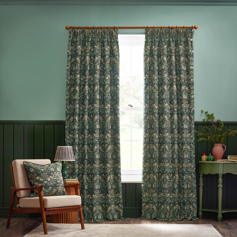 Animal Green Curtains - Strawberry Thief Jacquard Floral Pencil Pleat Curtains Forest Green Morris & Co