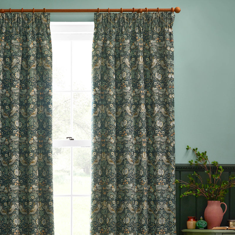 Animal Green Curtains - Strawberry Thief Jacquard Floral Pencil Pleat Curtains Forest Green Morris & Co