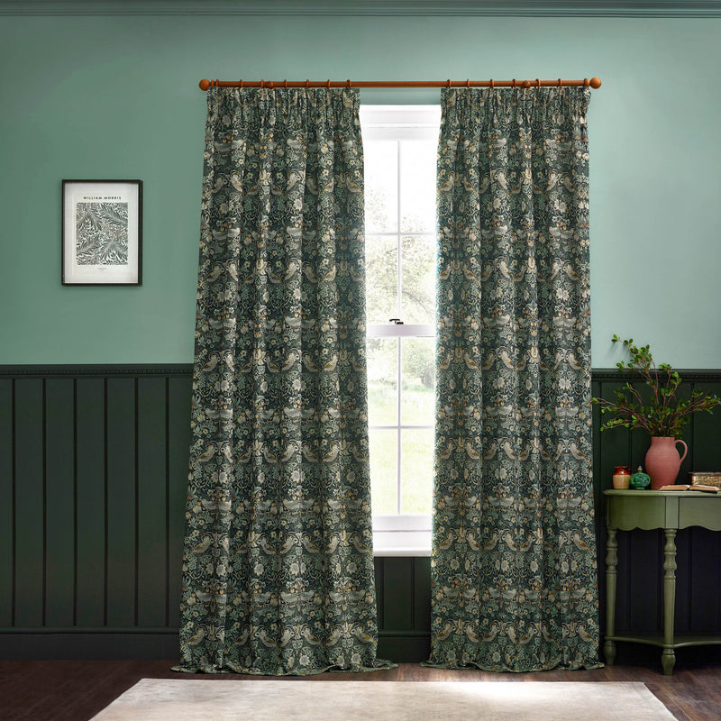 Animal Green Curtains - Strawberry Thief Jacquard Floral Pencil Pleat Curtains Forest Green Morris & Co