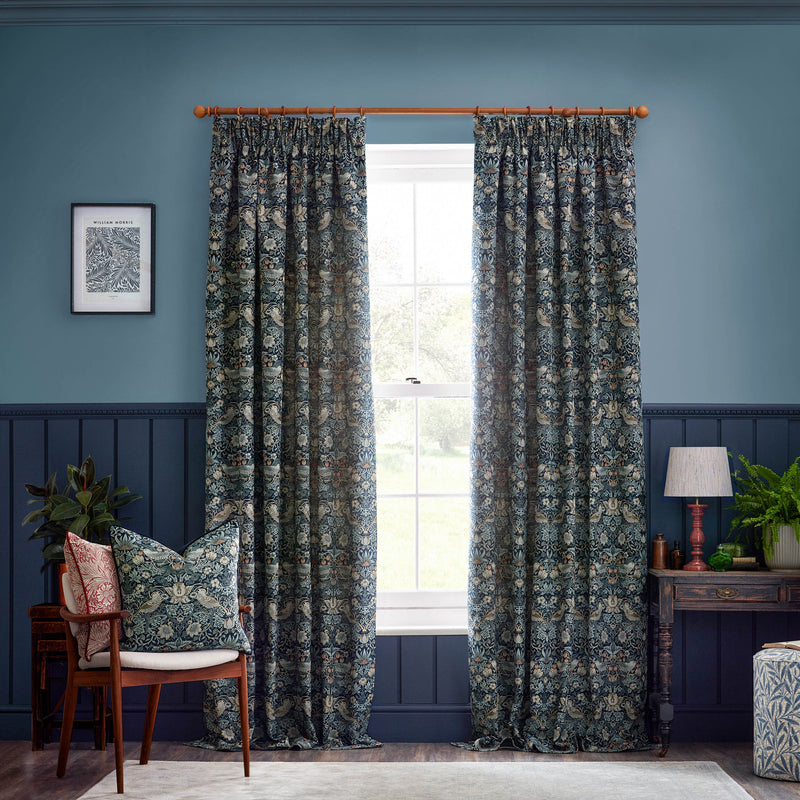 Animal Blue Curtains - Strawberry Thief Jacquard Floral Pencil Pleat Curtains Indigo Morris & Co