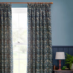 Animal Blue Curtains - Strawberry Thief Jacquard Floral Pencil Pleat Curtains Indigo Morris & Co