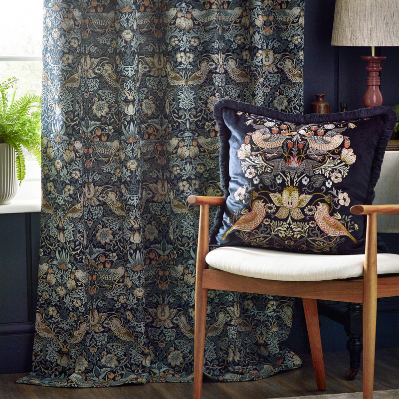 Animal Blue Curtains - Strawberry Thief Jacquard Floral Pencil Pleat Curtains Indigo Morris & Co