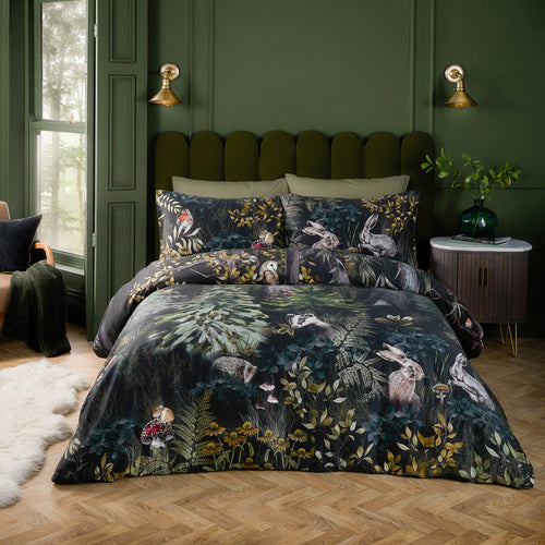 Woodland Black Bedding  - Sherwood Forest 100% Cotton Printed Duvet Cover Set Forest Green/Black Paoletti