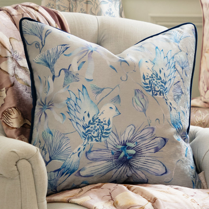 Animal Blue Cushions - Sybil Printed Piped Feather Filled Cushion Blue Voyage Maison