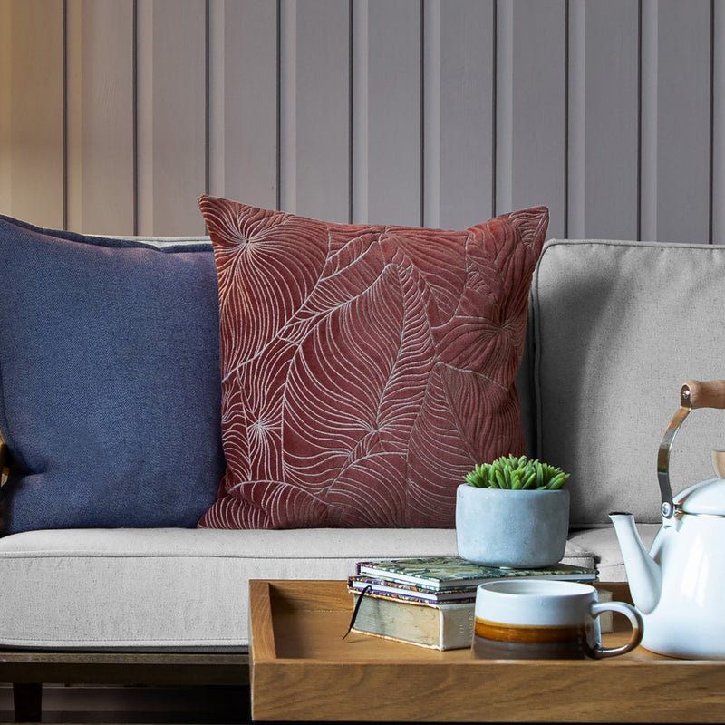 Floral Red Cushions - Taro Embroidered Cushion Cover Persimmon Additions