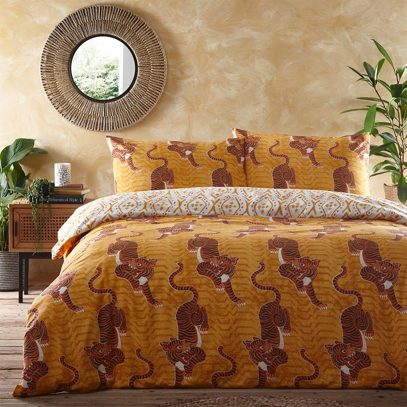 furn. Tibetan Tiger Tribal Duvet Cover Set in Mustard