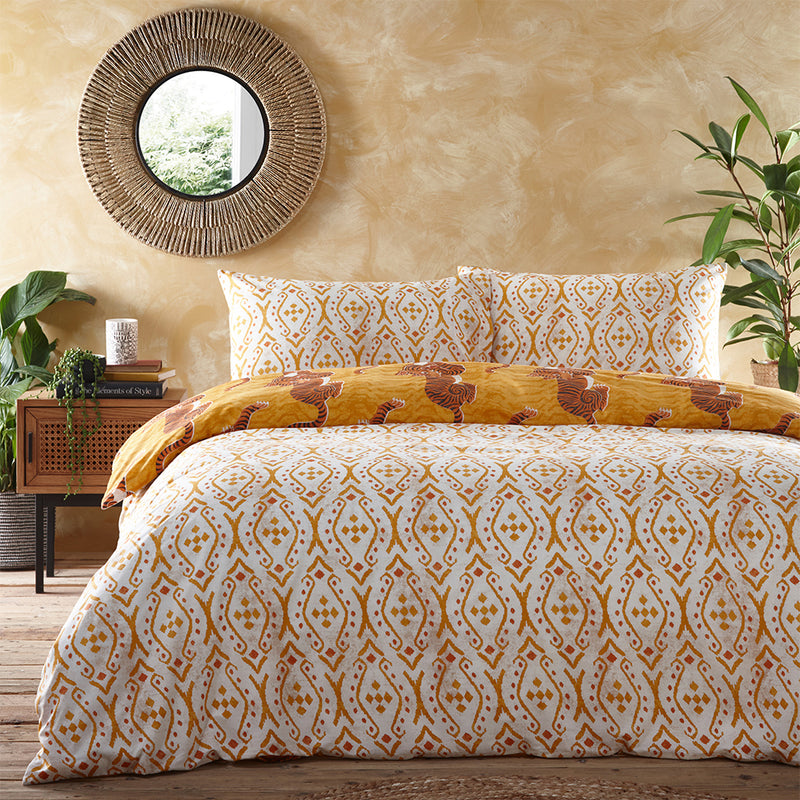 furn. Tibetan Tiger Tribal Duvet Cover Set in Mustard