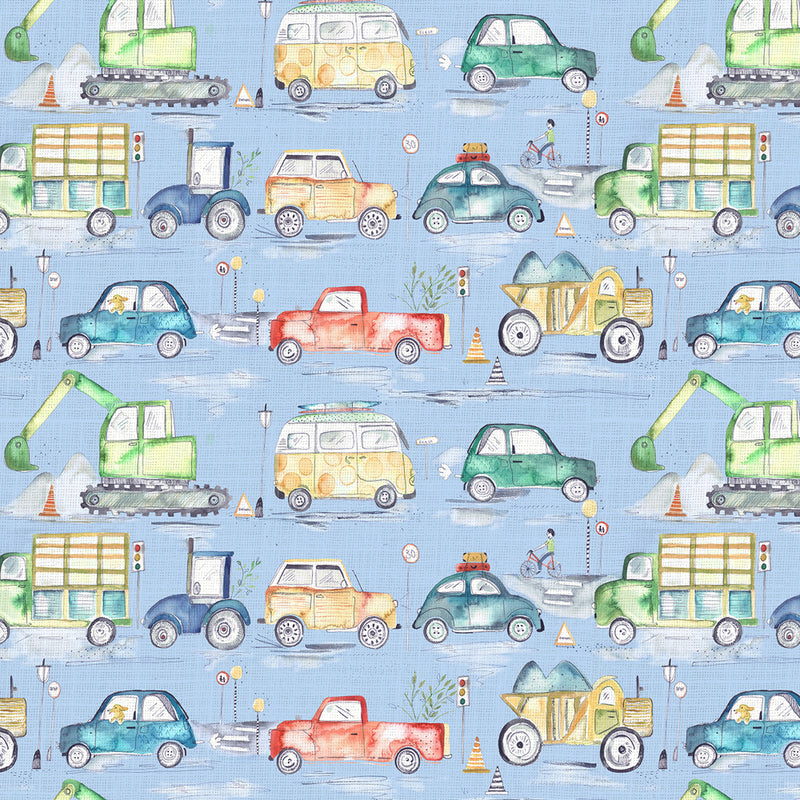 Traffic Jam Printed Fabric Sample Swatch Sky