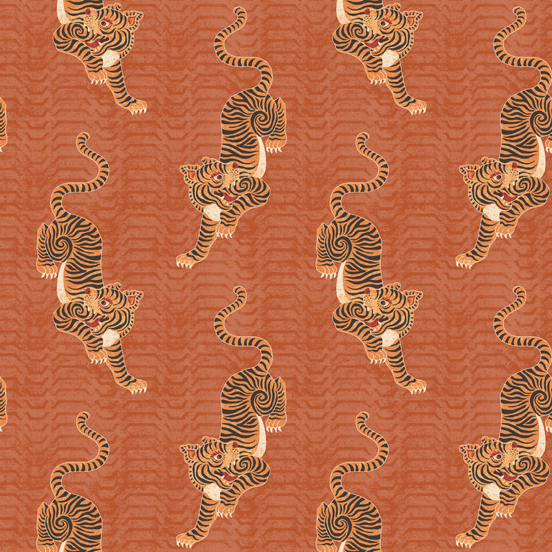 furn. Tibetan Tiger Wallpaper Sample in Coral