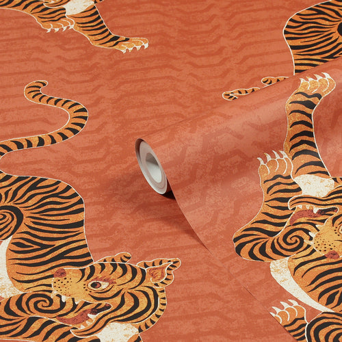 furn. Tibetan Tiger Wallpaper Sample in Coral