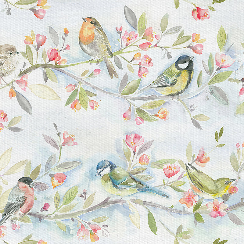 Animal Blue Fabric - Tweet Printed Linen Fabric (By The Metre) Cream Voyage Maison