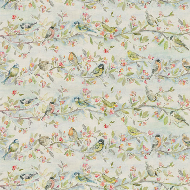 Animal Green Fabric - Tweet Printed Linen Fabric (By The Metre) Natural Voyage Maison