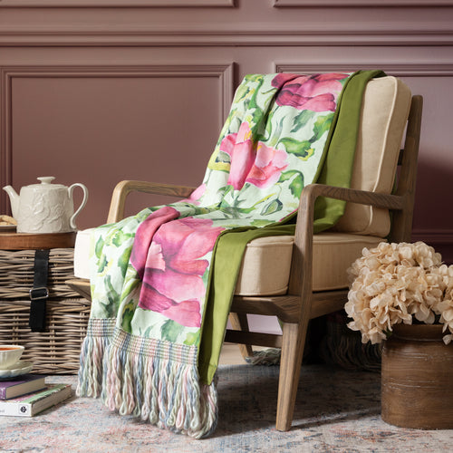 Floral Pink Throws - Valeria Printed Fringe Throw Sage Voyage Maison