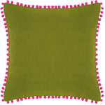 Paoletti Velvet Pompom Cushion Cover in Green/Fuchsia