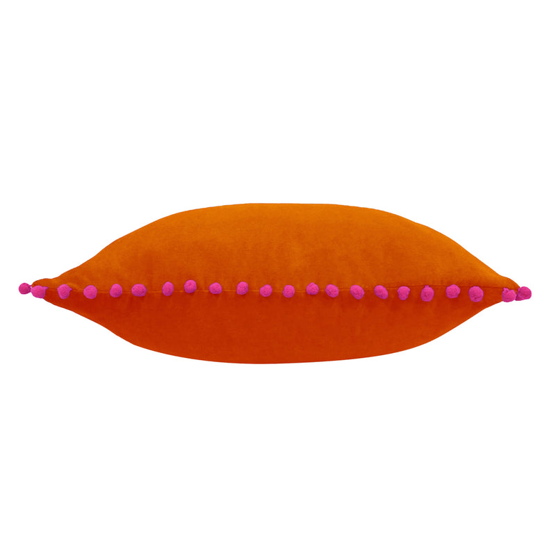 Paoletti Velvet Pompom Cushion Cover in Orange/Fuchsia