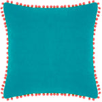 Paoletti Velvet Pompom Cushion Cover in Teal/Coral