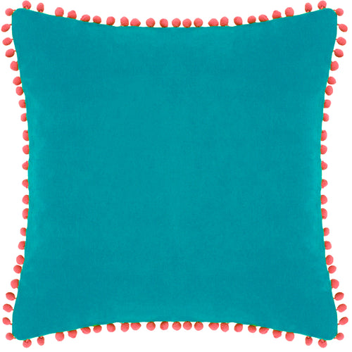 Paoletti Velvet Pompom Cushion Cover in Teal/Coral