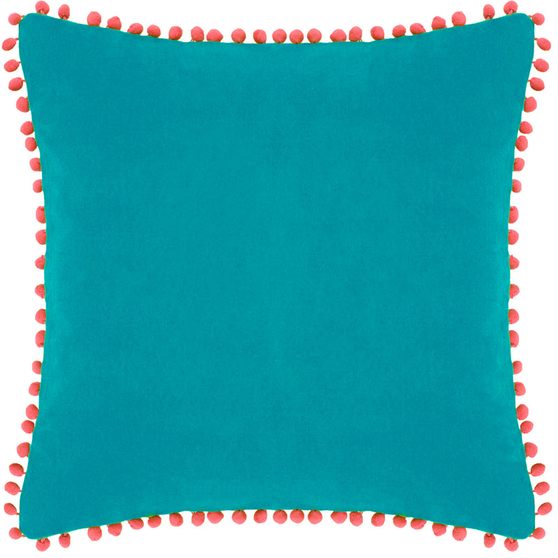 Paoletti Velvet Pompom Cushion Cover in Teal/Coral