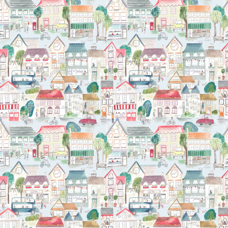 Abstract Blue Fabric - Village Streets Printed Cotton Fabric (By The Metre) Primary Voyage Maison