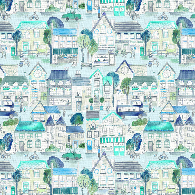 Village Streets Printed Fabric Sample Swatch Sky