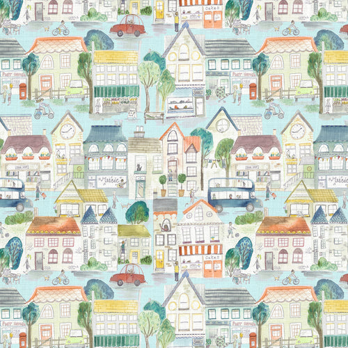 Abstract Blue Fabric - Village Streets Printed Cotton Fabric (By The Metre) Sunburst Voyage Maison