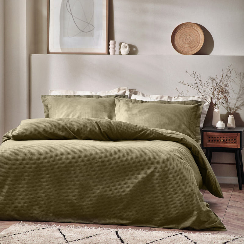 Yard Waffle Textured 100% Cotton Duvet Cover Set in Olive