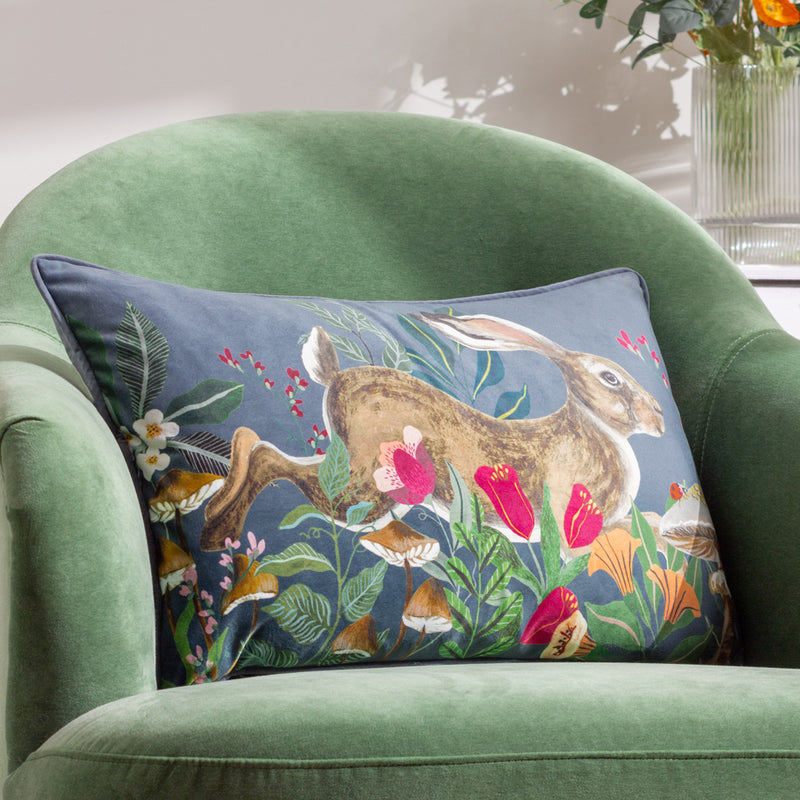 Wylder Wild Garden Leaping Hare Cushion Cover in Navy